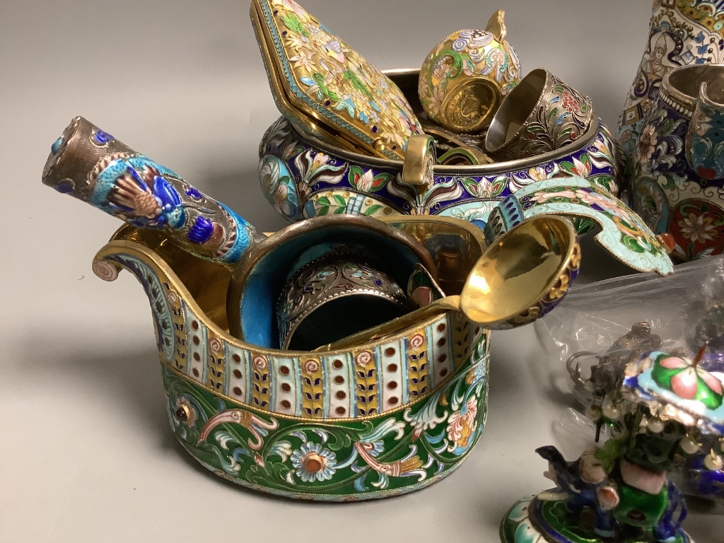 A quantity of enamelled metalware in Russian style